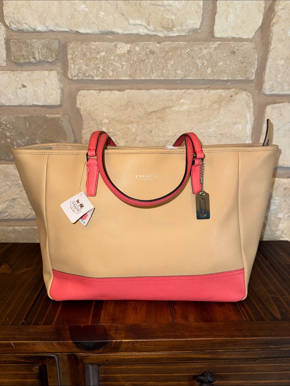 NWT Coach Beige and Coral Leather Saffiano Tote
# 23884